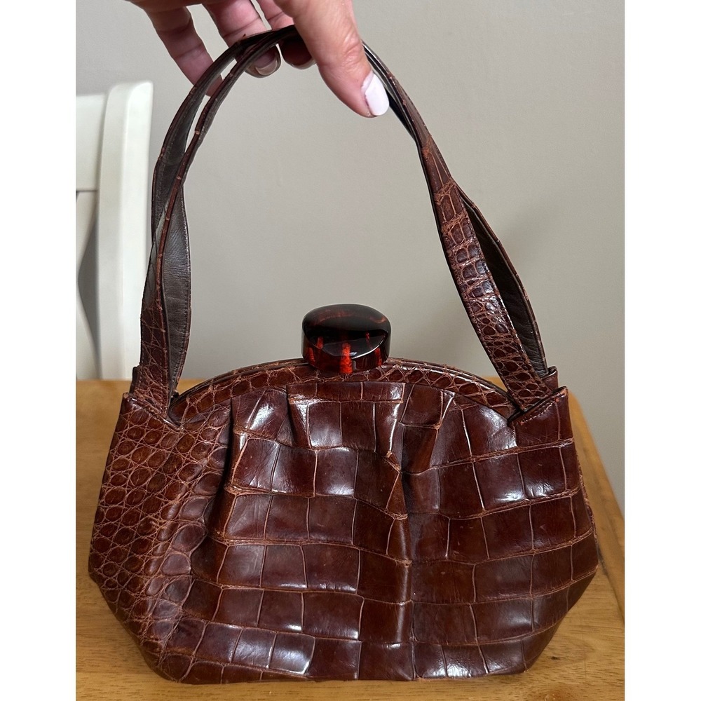 VTG Crocodile Skin Handbag Brown Lucite Tortoise Kiss Lock Small Frame Bag READ